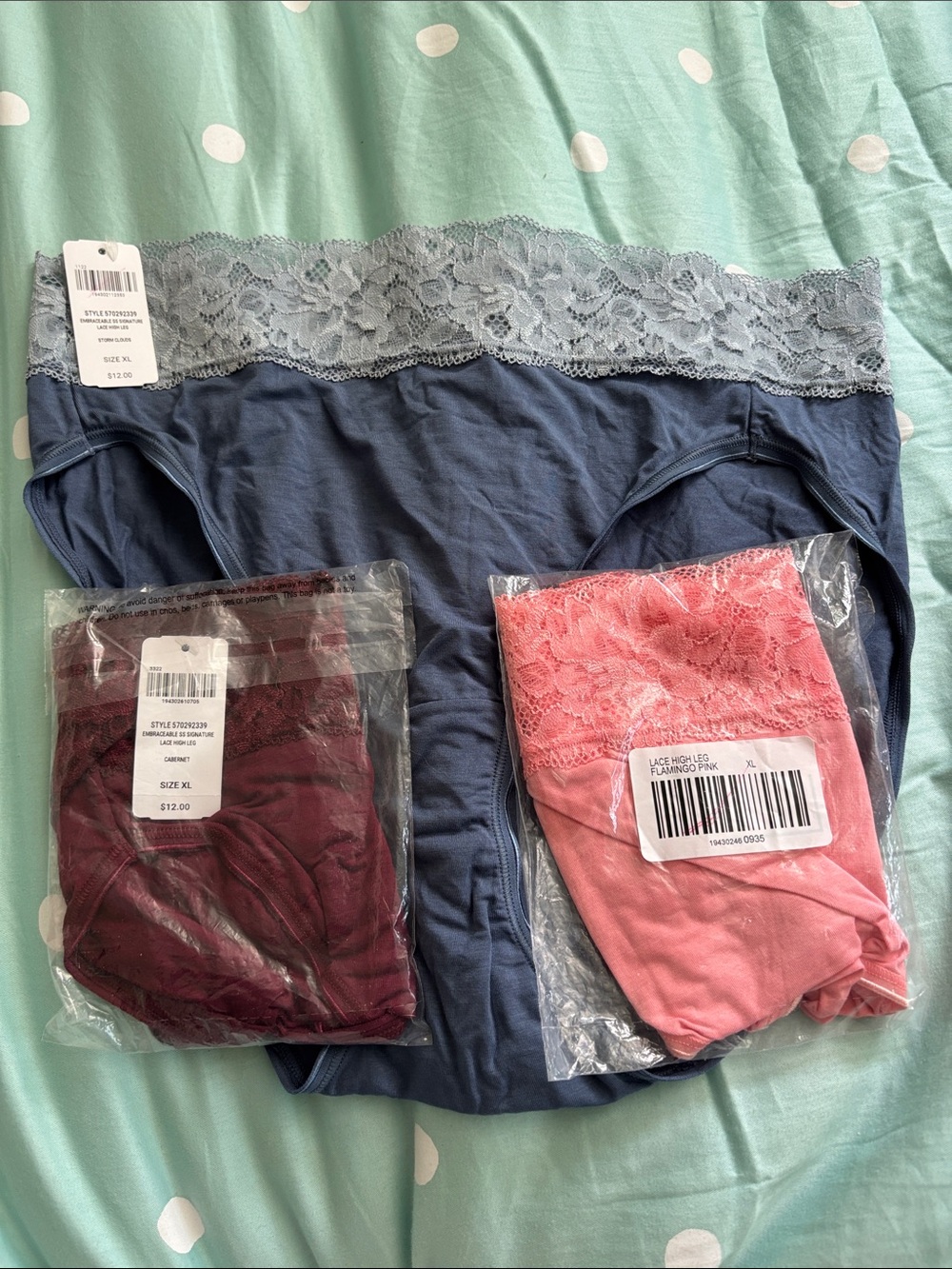 Soma Lace-Trim Embraceable High Leg Panty Trio in Navy, Pink & Burgundy